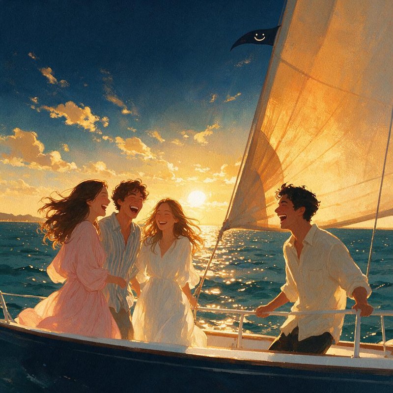 Friends laughing on a sailboat at golden hour