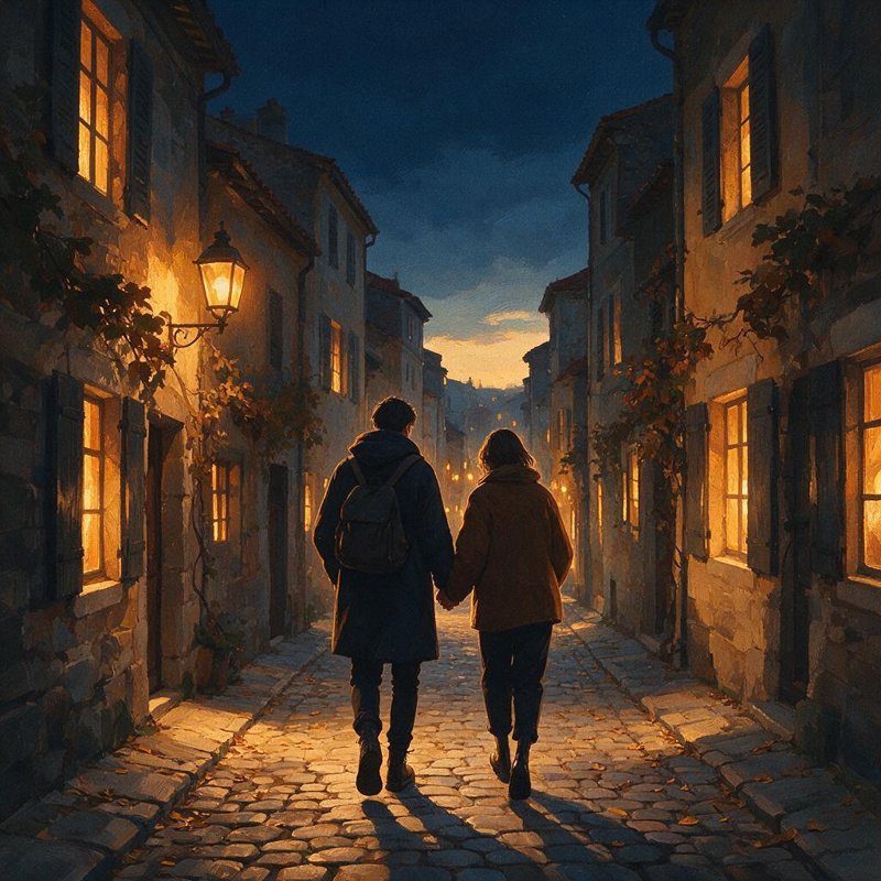 A couple holding hands on a cobblestone street while traveling