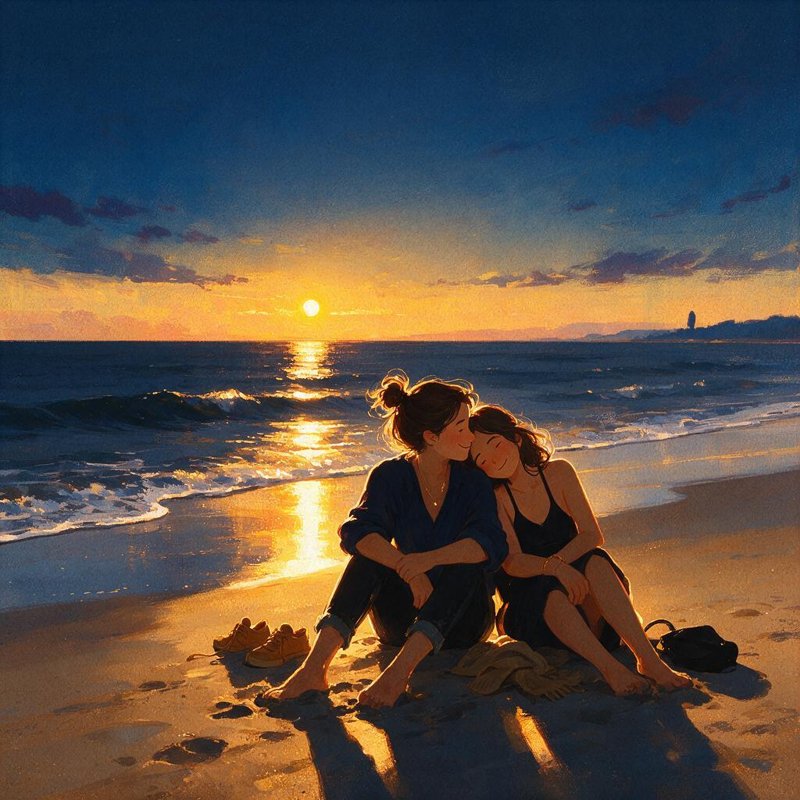 Two people sharing a quiet, happy moment at a beach